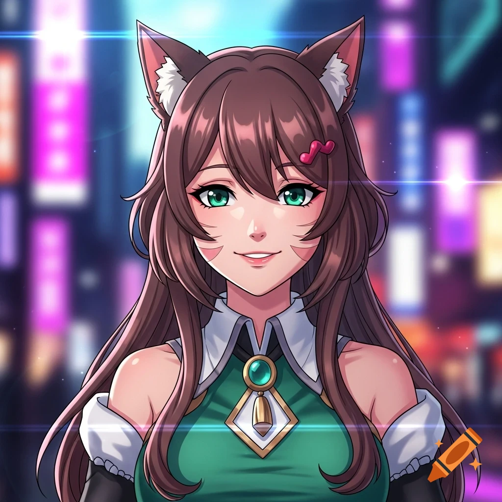 Close-up of a smiling anime girl with long brown hair, cat ears, and green eyes, wearing a green dress against a blurred cityscape at night.