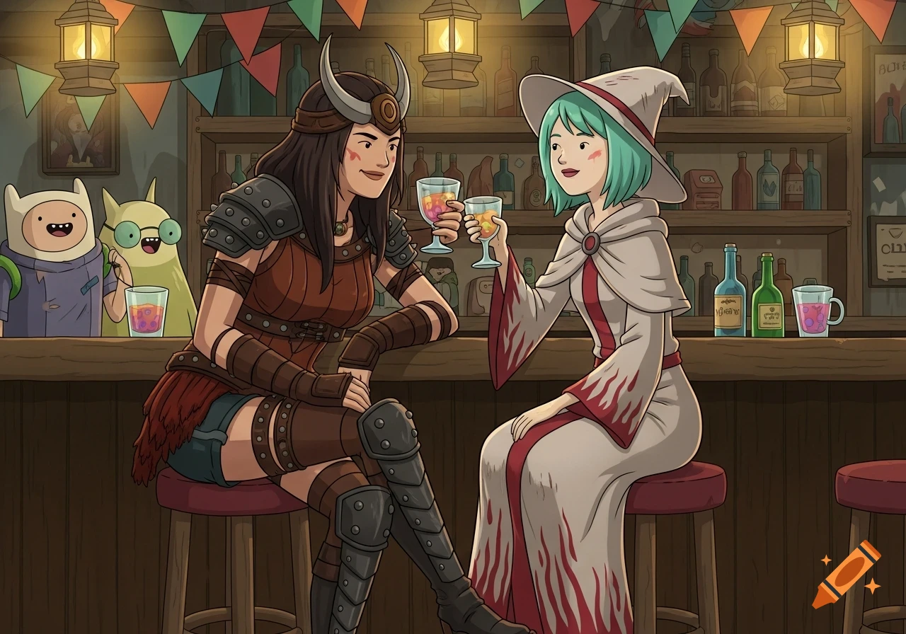 Two female characters, a warrior and a mage, drink at a bar with Adventure Time characters in a cartoon style.