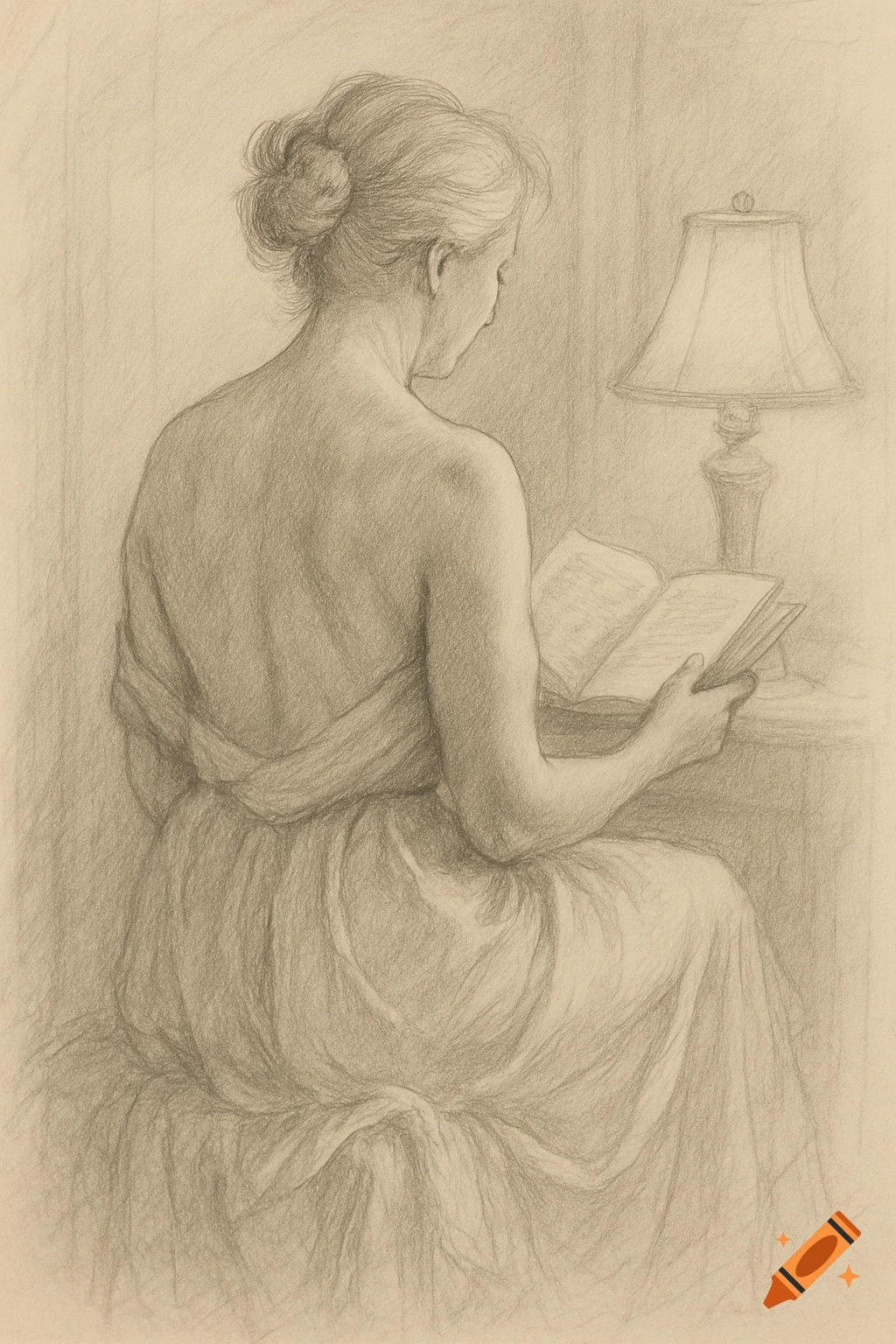 A pencil sketch of a woman viewed from behind, wearing a draped dress and reading a book by lamplight.