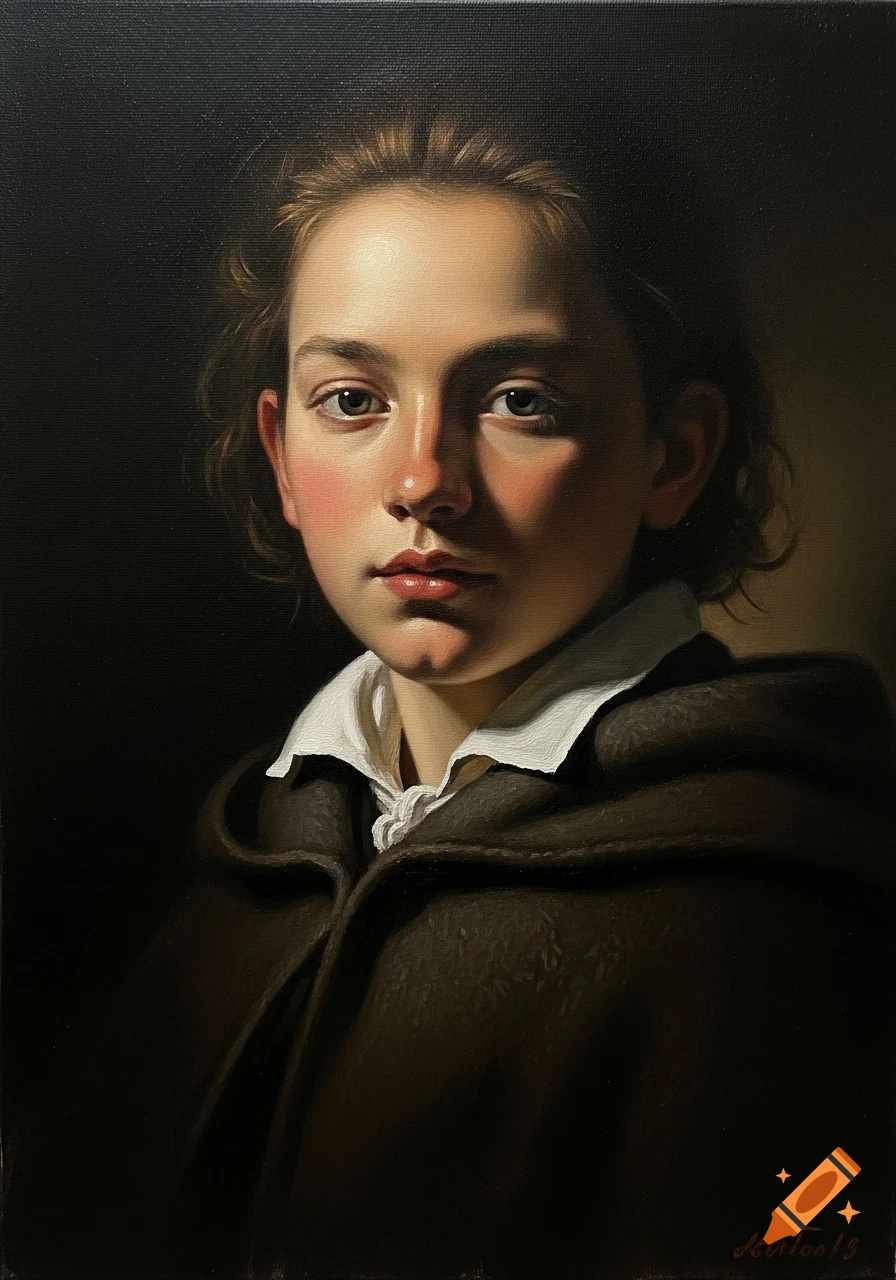 An oil painting in the style of Rembrandt depicts a young person in a dark cloak and white collar, with dramatic chiaroscuro lighting.