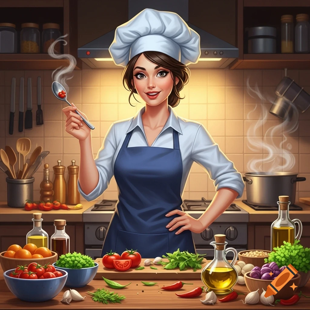 A smiling female chef in a blue apron and white hat holds a steaming spoon in a rustic kitchen filled with fresh ingredients.