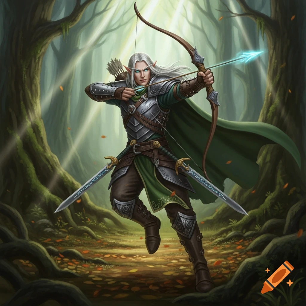 A male elf ranger with silver hair in studded armor and a green cloak, drawing a longbow with a glowing arrow in a sun-dappled forest.
