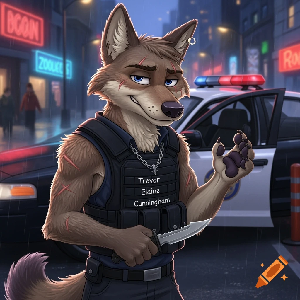 A stylized anthropomorphic coyote police officer with a tactical vest and scars, holding a serrated knife, stands in the rain in front of a police car with neon signs in the background.