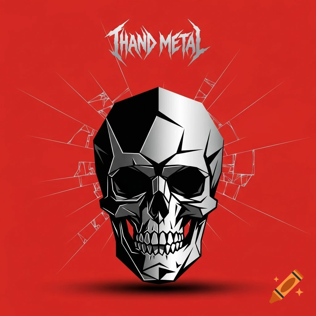 Stylized angular skull in black and silver on a red background with cracked glass effect and 'THAND METAL' text.
