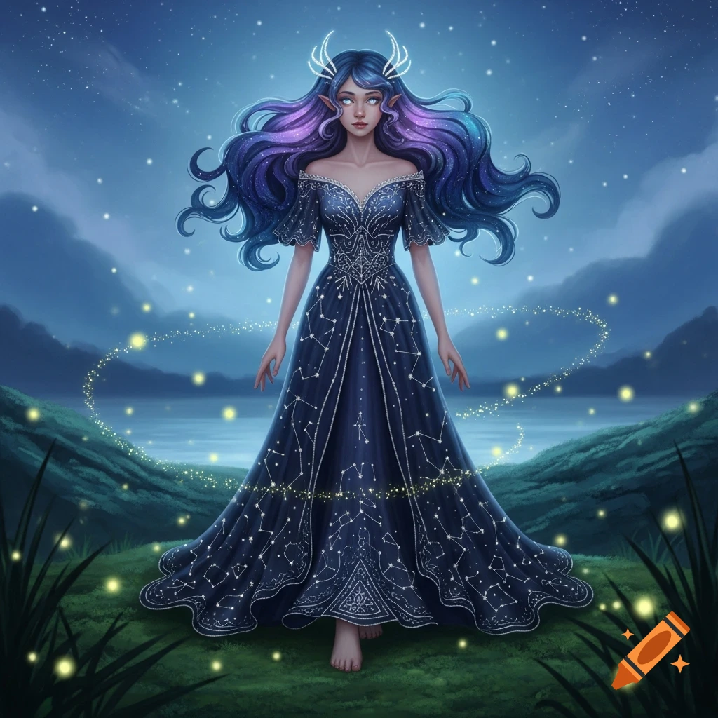 Fantasy woman with starry blue and purple hair, antlers, and a cosmic blue gown, standing in a magical night landscape with fireflies.