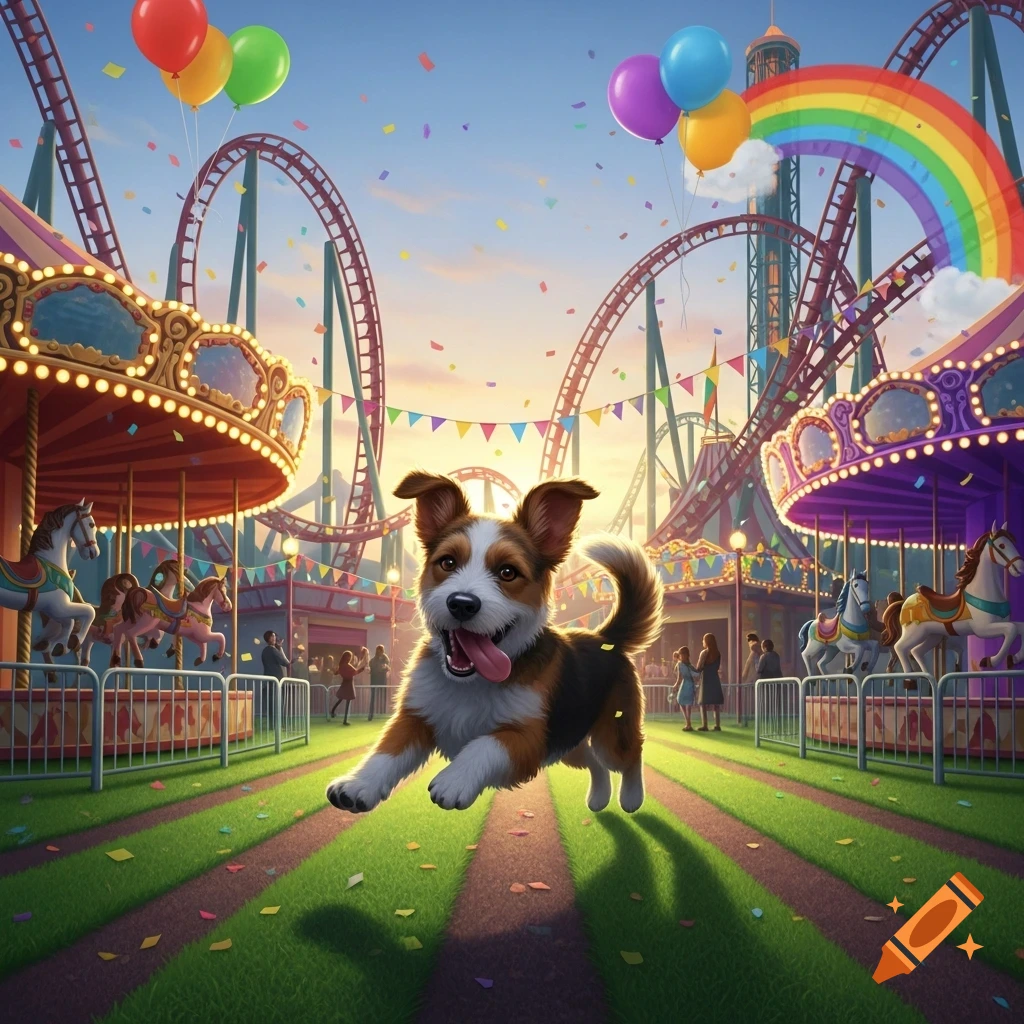 A happy brown and white dog runs playfully in a vibrant amusement park filled with colorful carousels, towering roller coasters, balloons, and a rainbow.