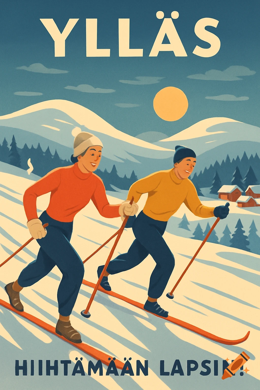 Retro poster of two people cross-country skiing in a snowy mountain landscape. Text: YLLÄS, HIIHTÄMÄÄN LAPSIN!