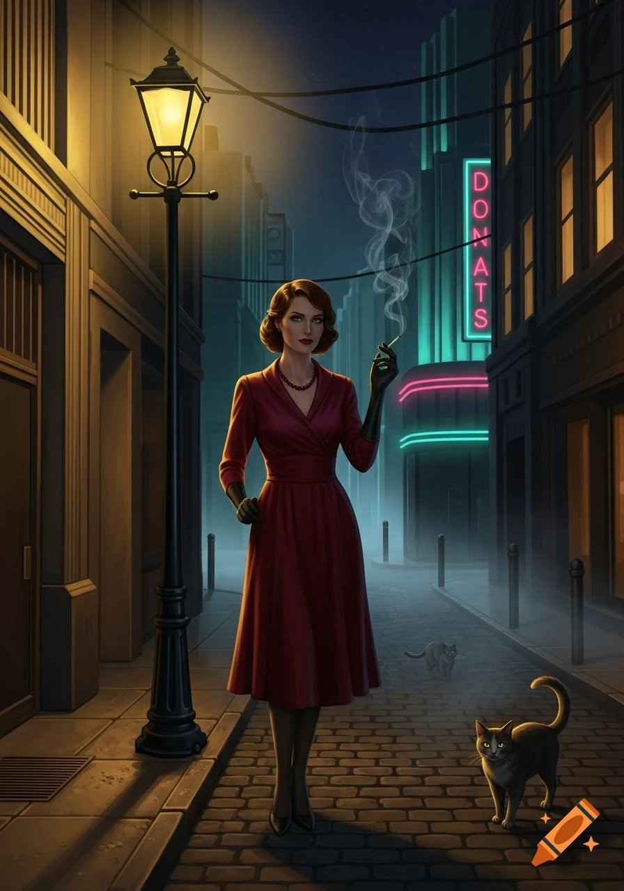 A woman in a red dress and gloves smokes on a dimly lit city street with a neon "DONATS" sign and two cats nearby in a neo-noir style.