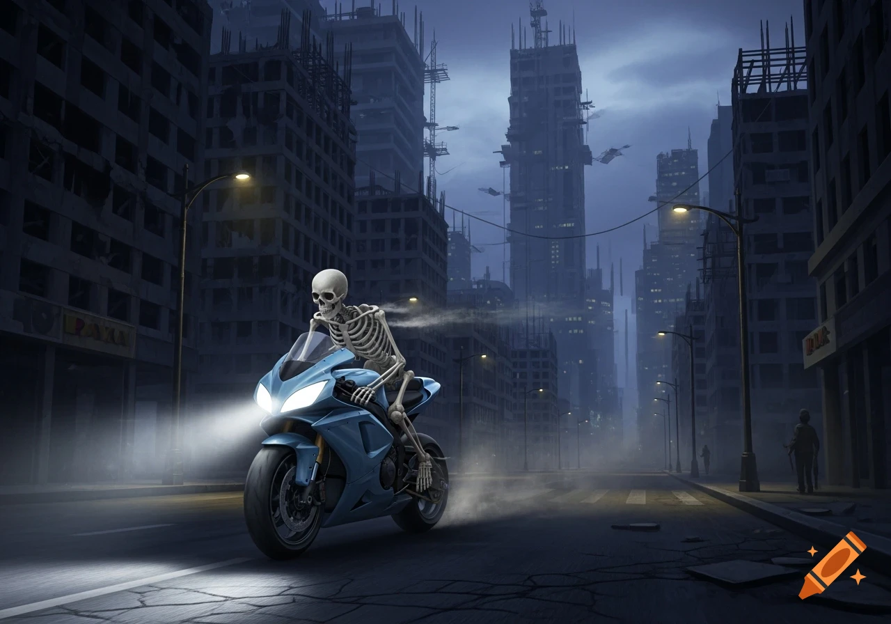 A skeleton rides a blue racing motorcycle through a dark, ruined city street with damaged buildings and streetlights.