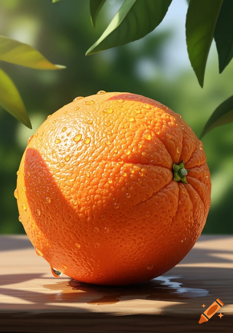 Photorealistic close-up of a fresh orange covered in water droplets, on a wooden surface with blurred green leaves.