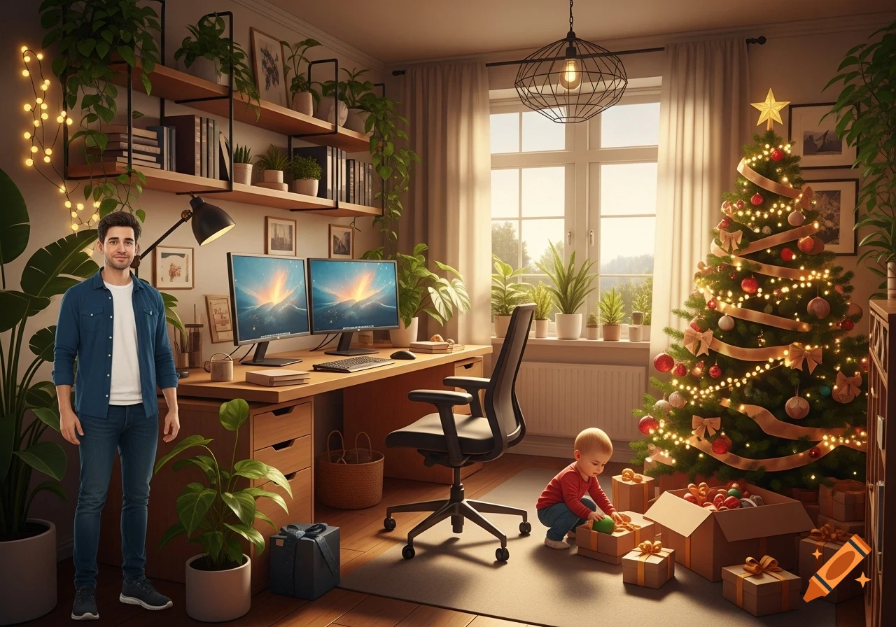 A man stands in a biophilic home office decorated for Christmas, featuring a large Christmas tree and a baby playing with gifts on the floor.