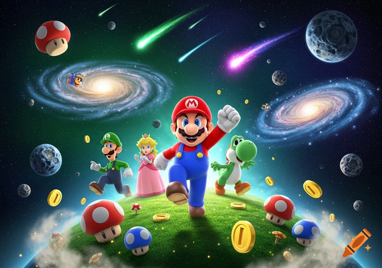 Mario, Luigi, Peach, and Yoshi run on a grassy planet in a vibrant galaxy space scene with meteors and planets.