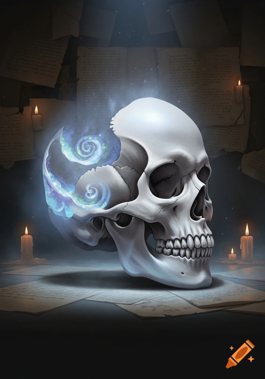 A detailed white skull with glowing blue and purple swirling energy in its broken cranium, surrounded by candlelight and old scattered papers.