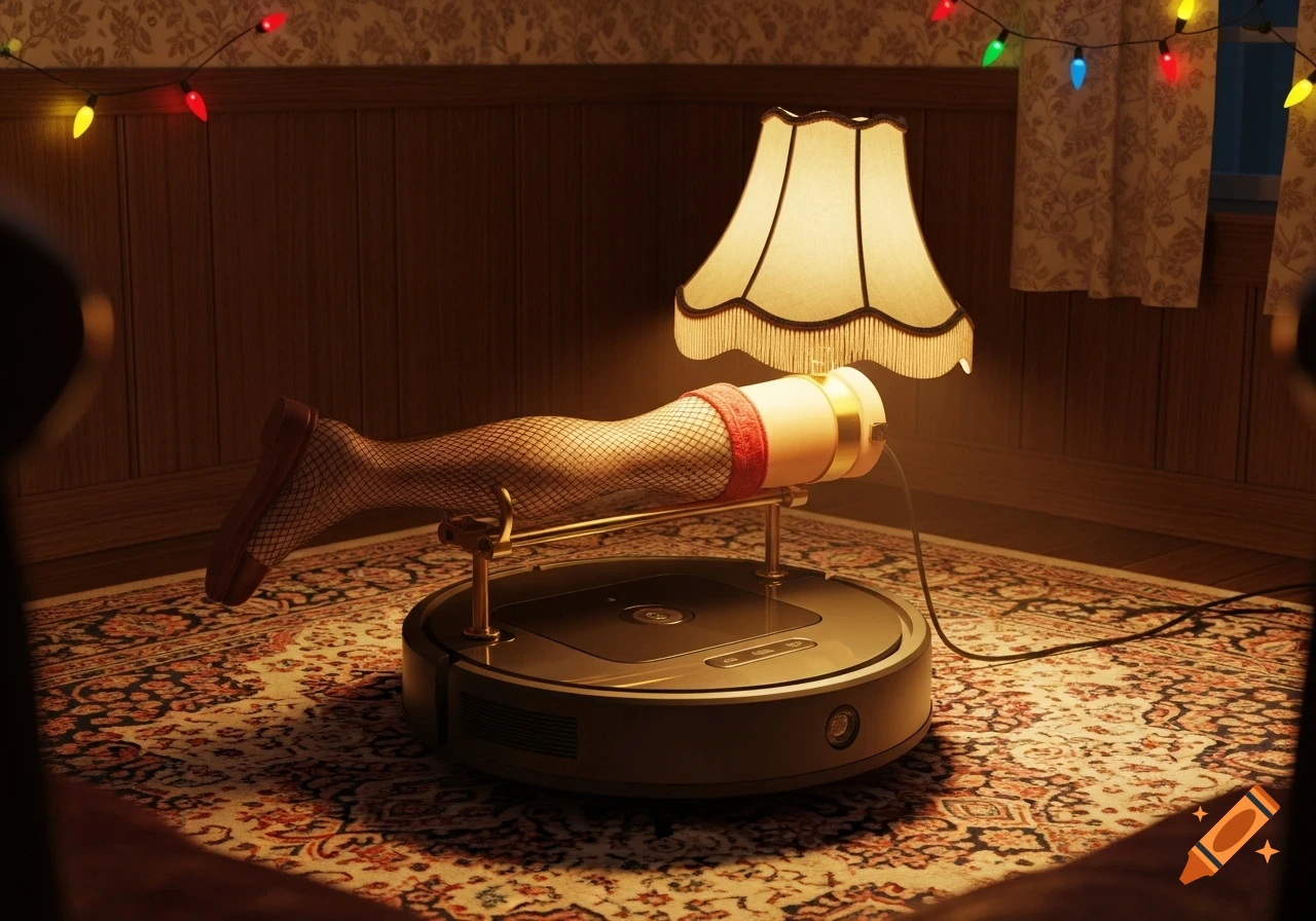 A Roomba with a horizontally mounted leg lamp, wearing fishnet stockings, in a dimly lit room with Christmas lights.