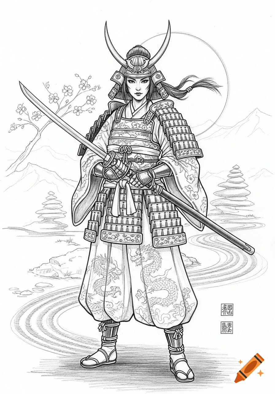 Black and white pencil sketch of a female samurai in armor holding a katana, with cherry blossoms and mountains in the background.