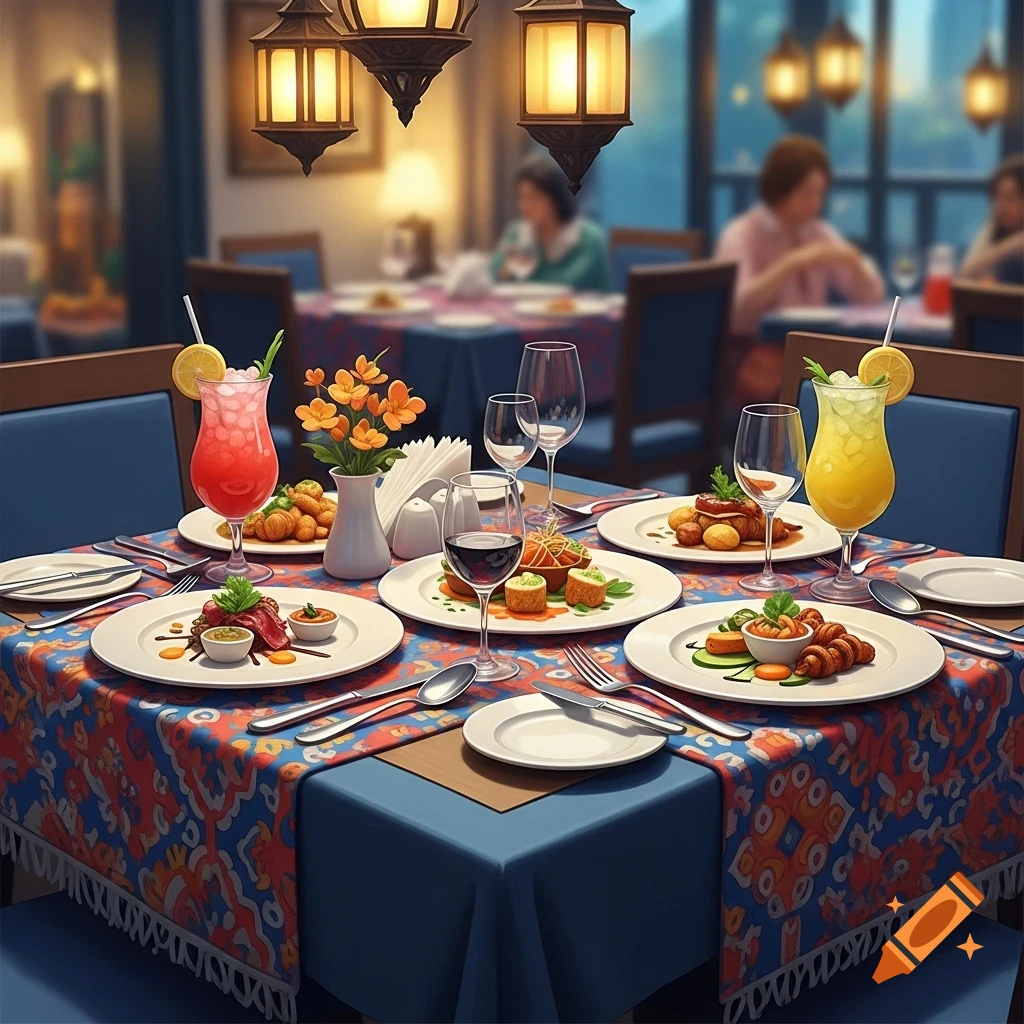 A beautifully set table for two in a restaurant, featuring colorful cocktails, various dishes, and a patterned tablecloth.