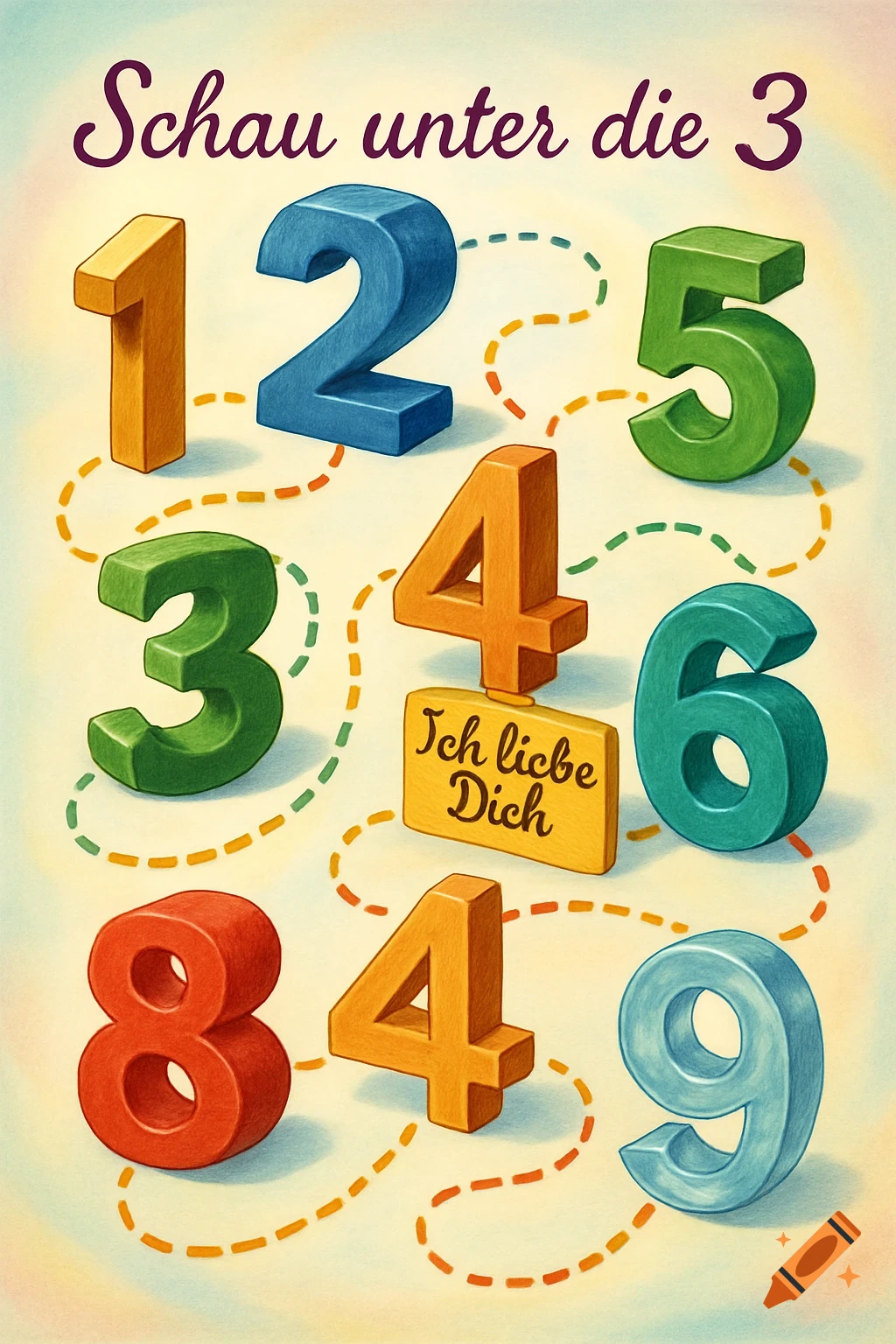 Colorful 3D numbers 1-9 with dashed lines on a light background. Text reads 'Schau unter die 3' and 'Ich liebe Dich' on a small sign.