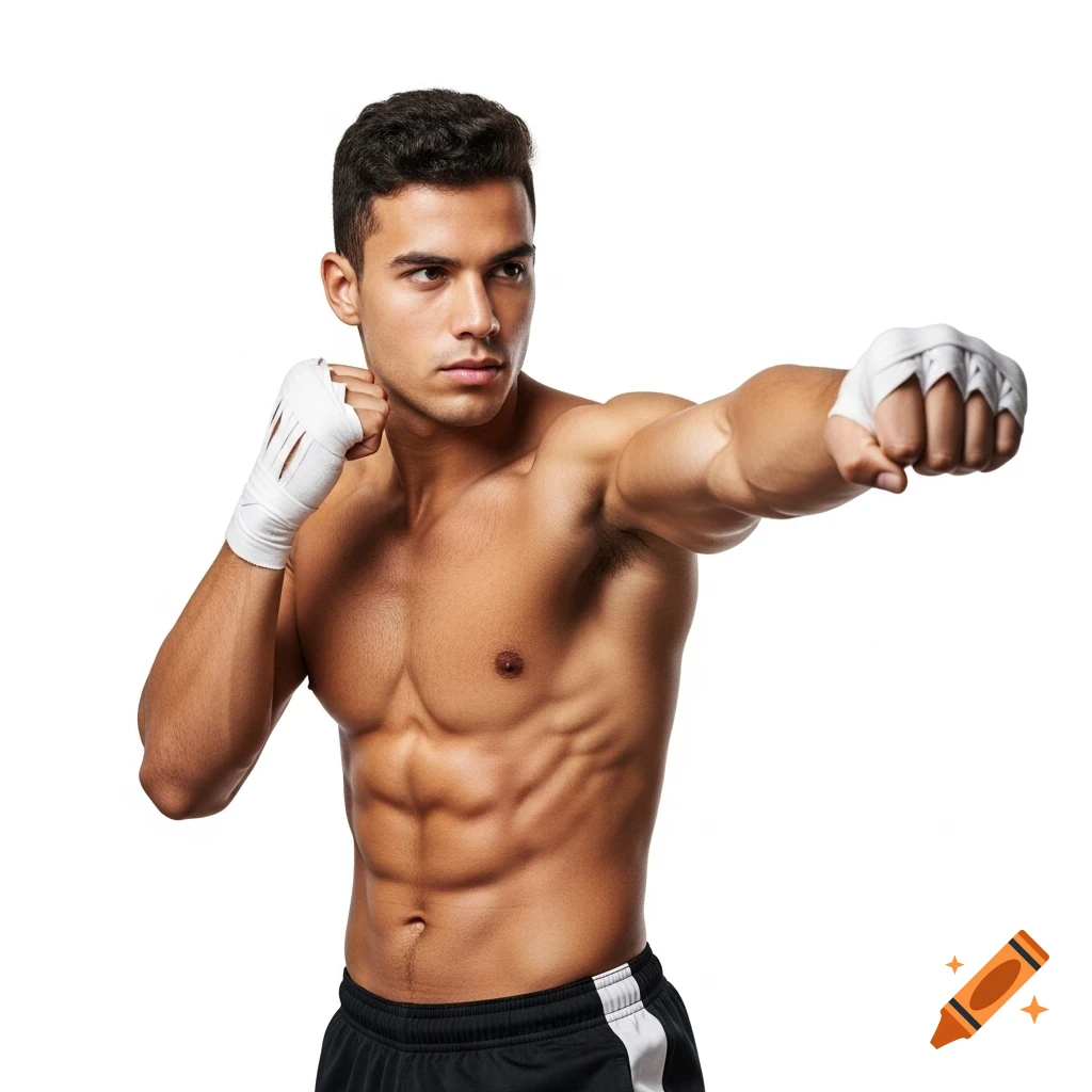 Muscular man with hand wraps throwing a punch on a white background, photorealistic style.