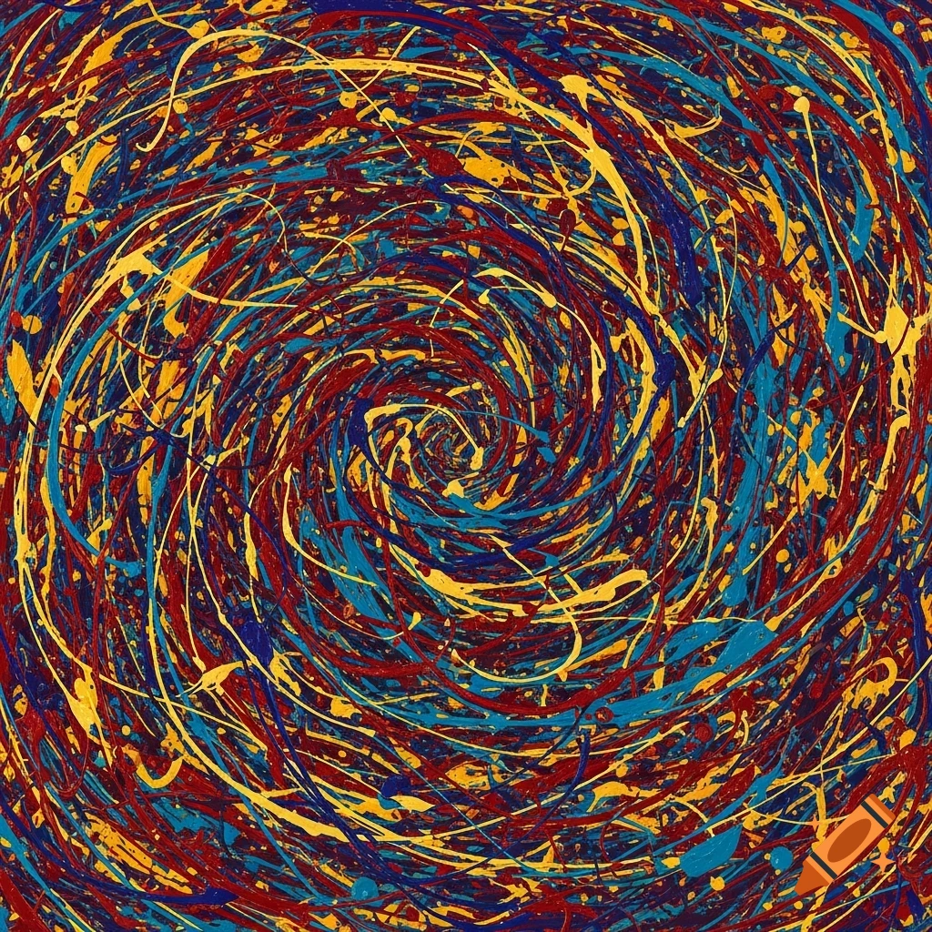 A vibrant abstract drip painting in the style of Jackson Pollock, featuring swirling lines of red, blue, and yellow on a dark background.