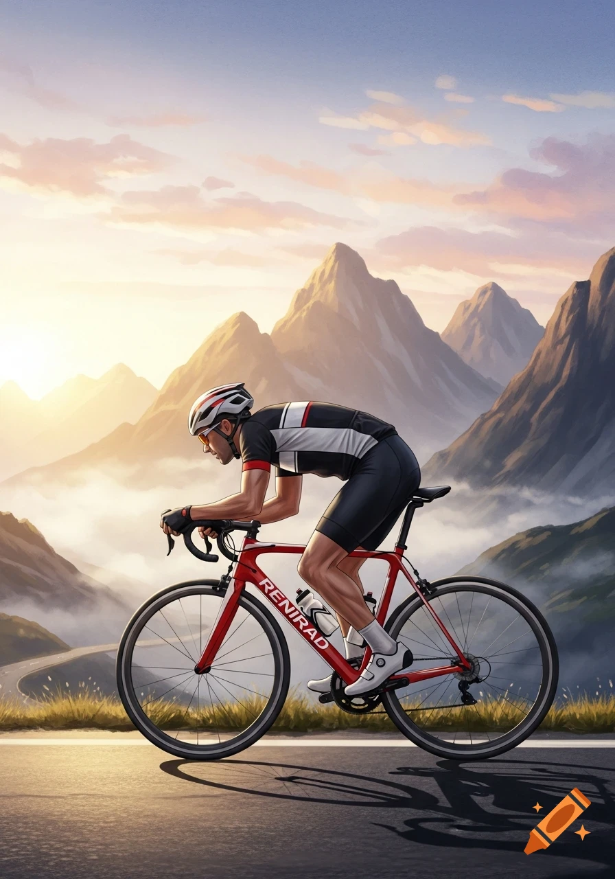 A male cyclist on a red racing bike rides along a mountain road under a cloudy sky with sunlit peaks in the background.