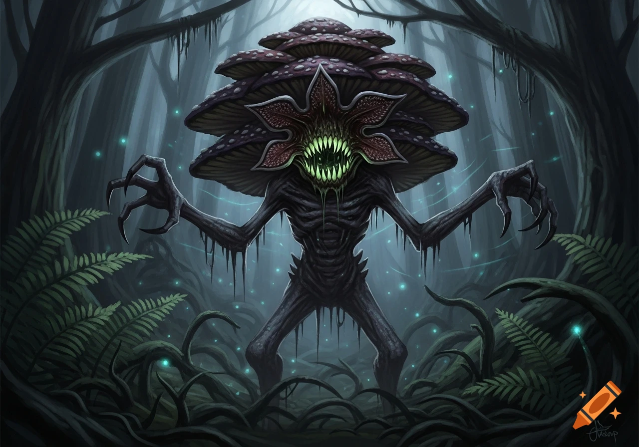 A monstrous mushroom creature with a fanged mouth and glowing teeth stands in a dark, misty forest with glowing spores.