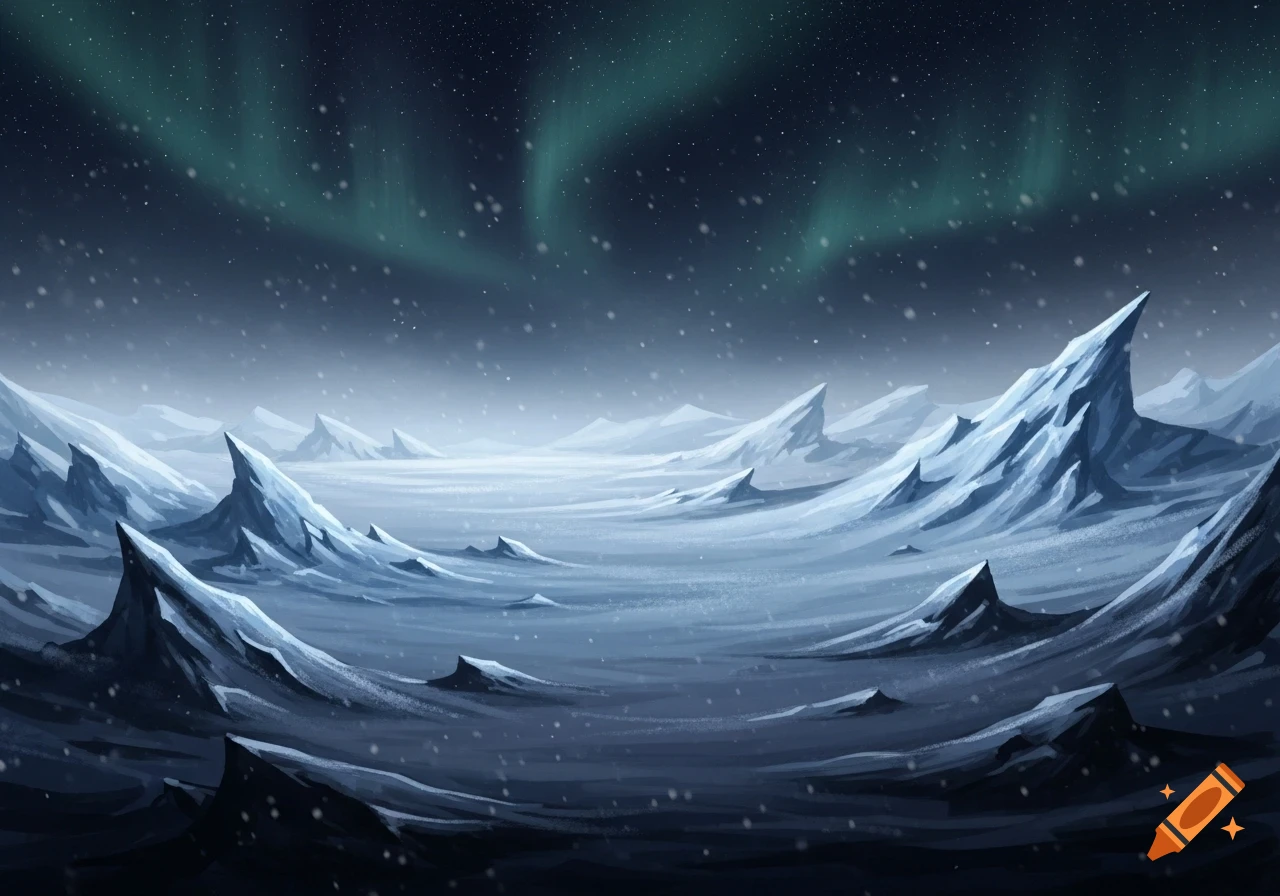 An illustrated snowy arctic landscape under a dark night sky with a vibrant green aurora borealis.