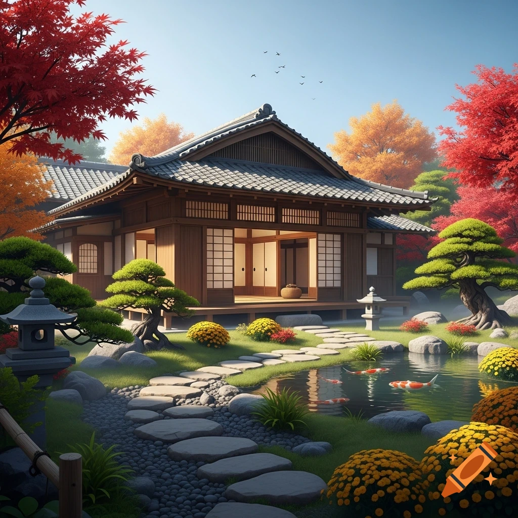 Traditional Japanese house in an autumn garden with a koi pond, stone path, vibrant fall foliage, and bonsai trees.