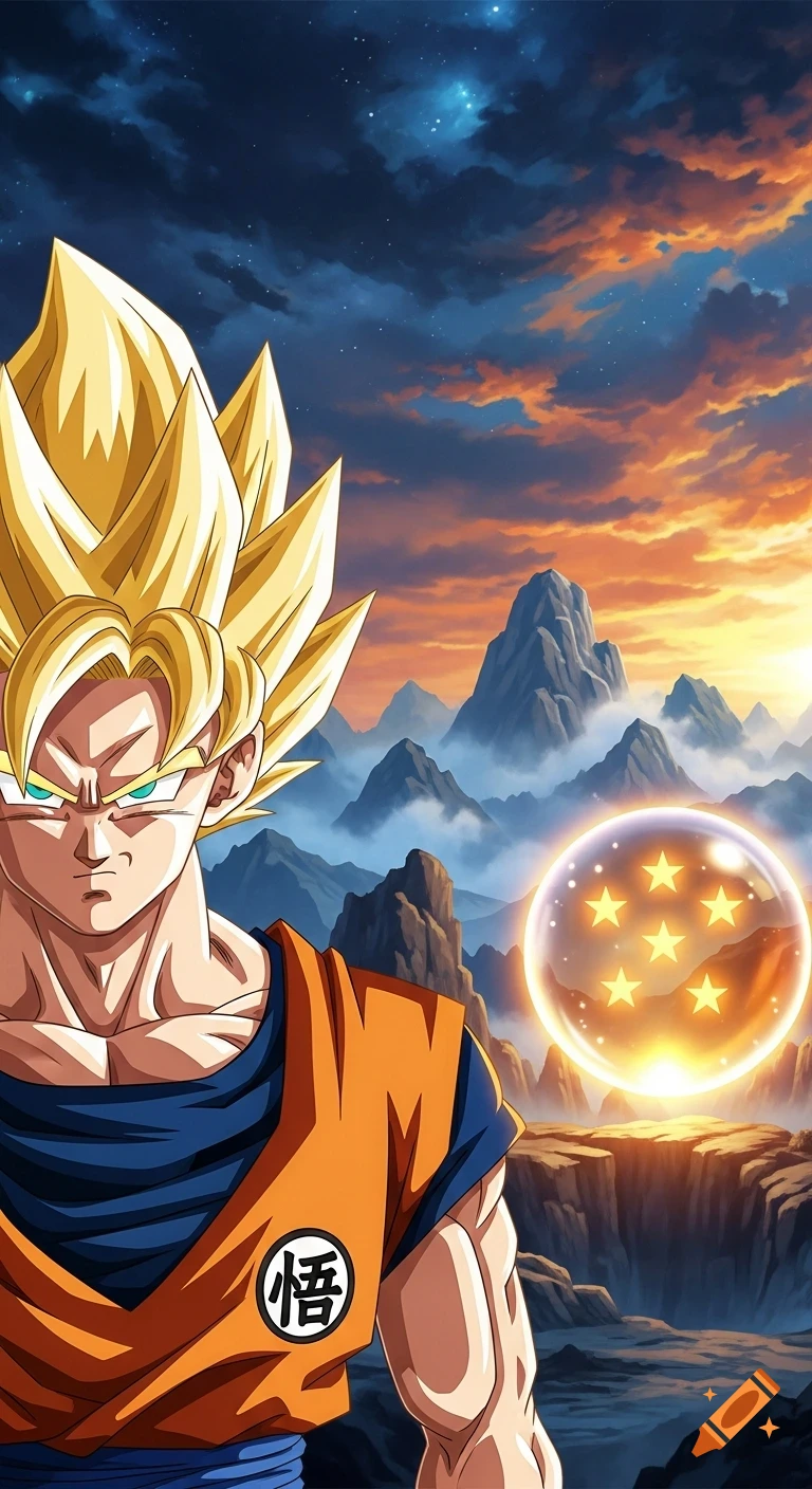 Super Saiyan Goku with golden hair and orange gi stands against a sunset mountain landscape with a seven-star Dragon Ball.