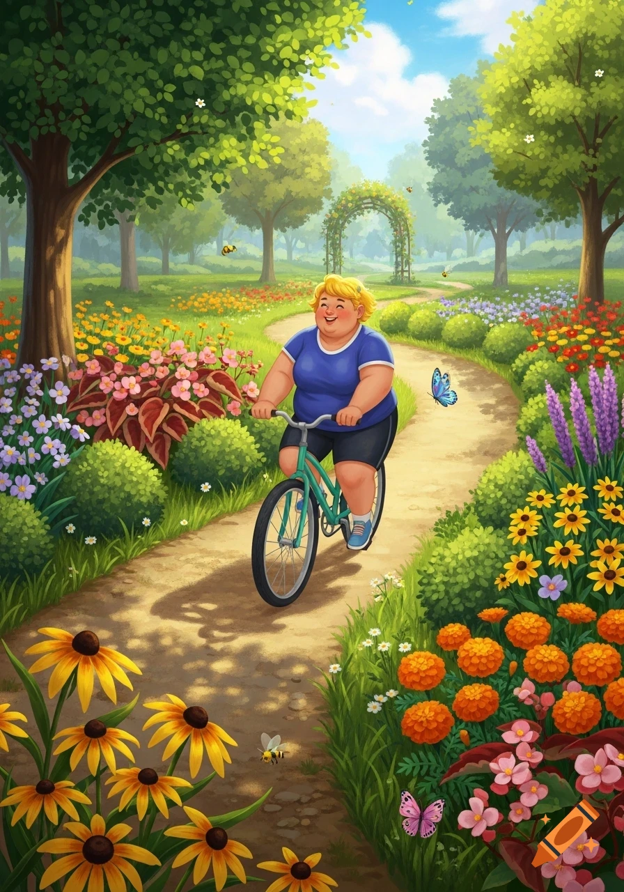 A cheerful, chubby woman rides a bicycle on a winding path through a vibrant, flower-filled park, in a bright cartoon illustration.