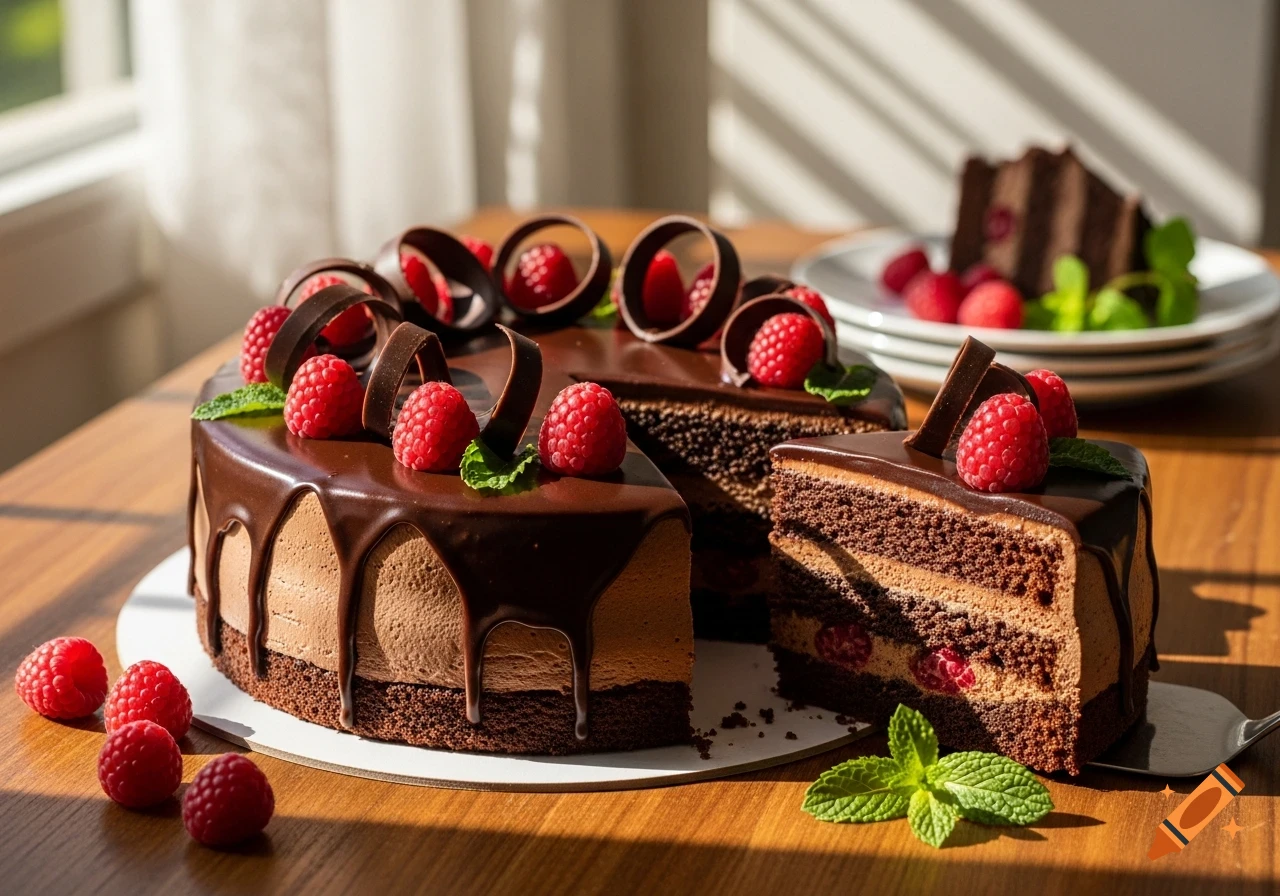 A rich chocolate cake with a slice removed, topped with raspberries, chocolate curls, and mint, on a wooden table in sunlight.