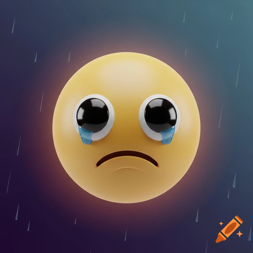 A sad yellow emoji with large black eyes and blue tears falling, under stylized rain on a dark background.