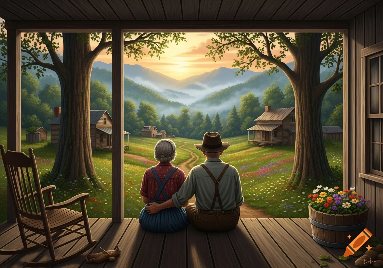 An elderly couple sits on a wooden porch, embracing and gazing at a scenic mountain valley with wooden cabins, trees, and wildflowers under a sunrise.