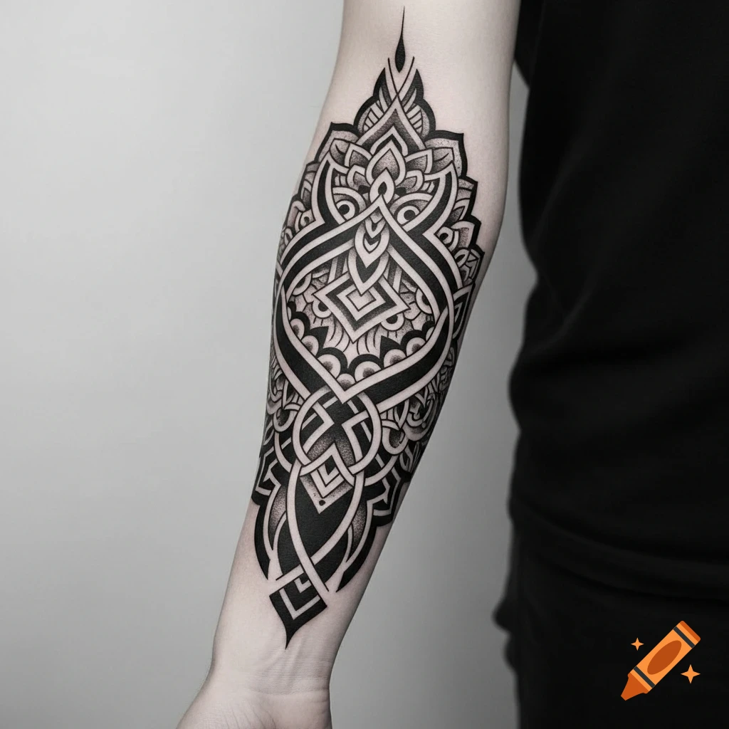 A detailed black and white geometric ornamental tattoo covers a person's forearm.