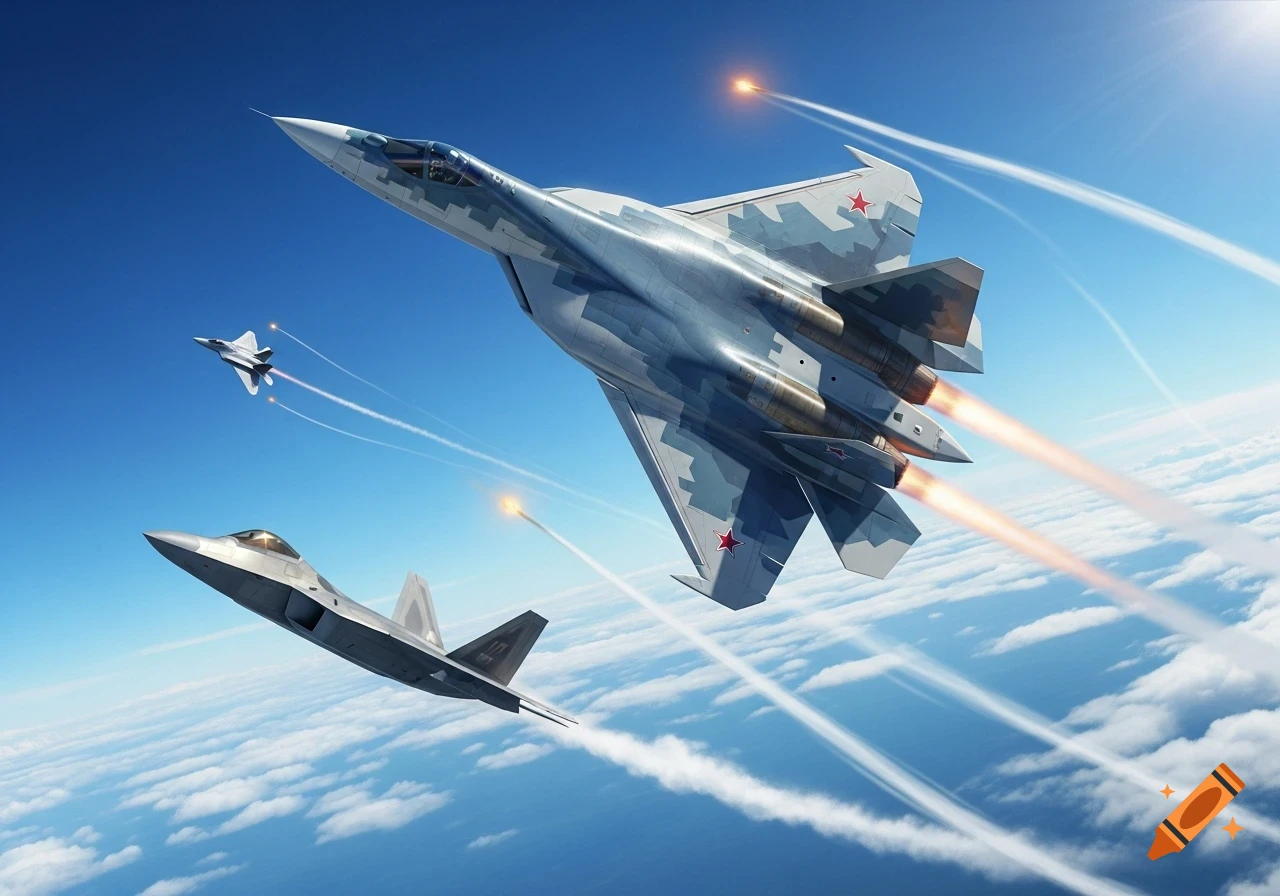 A camouflaged SU-57 fighter jet and an F-22 Raptor engage in a dynamic dogfight, firing missiles high above the clouds in a bright blue sky.
