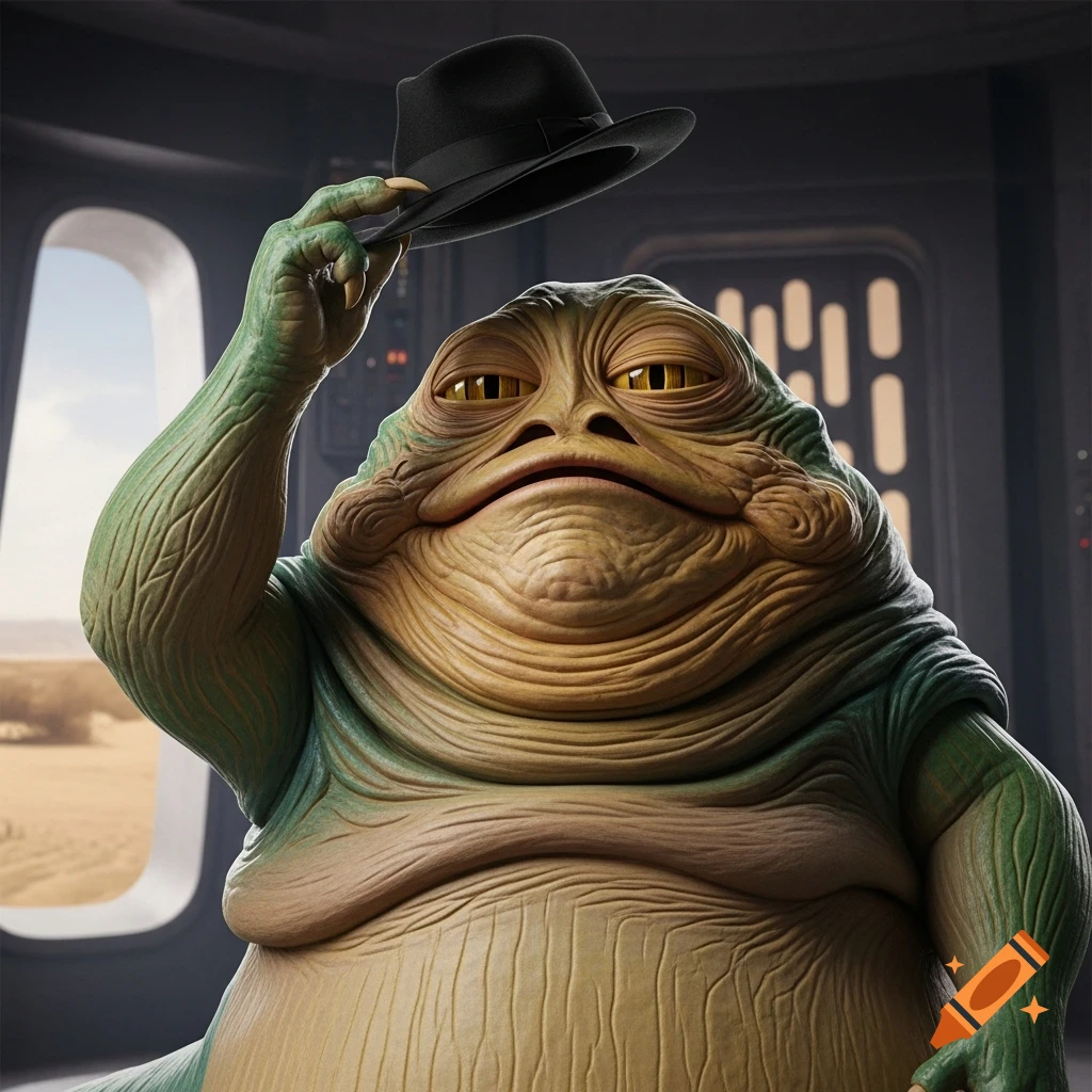 Jabba the Hutt, a large alien slug-like creature, tips a black fedora hat in a sci-fi interior.