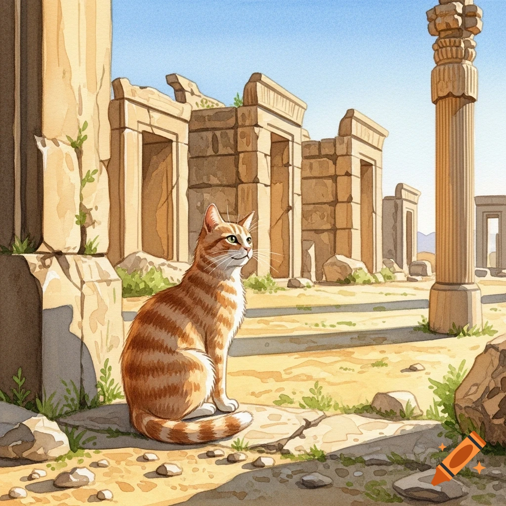 A watercolor illustration of an orange tabby cat sitting among ancient Persian stone ruins.