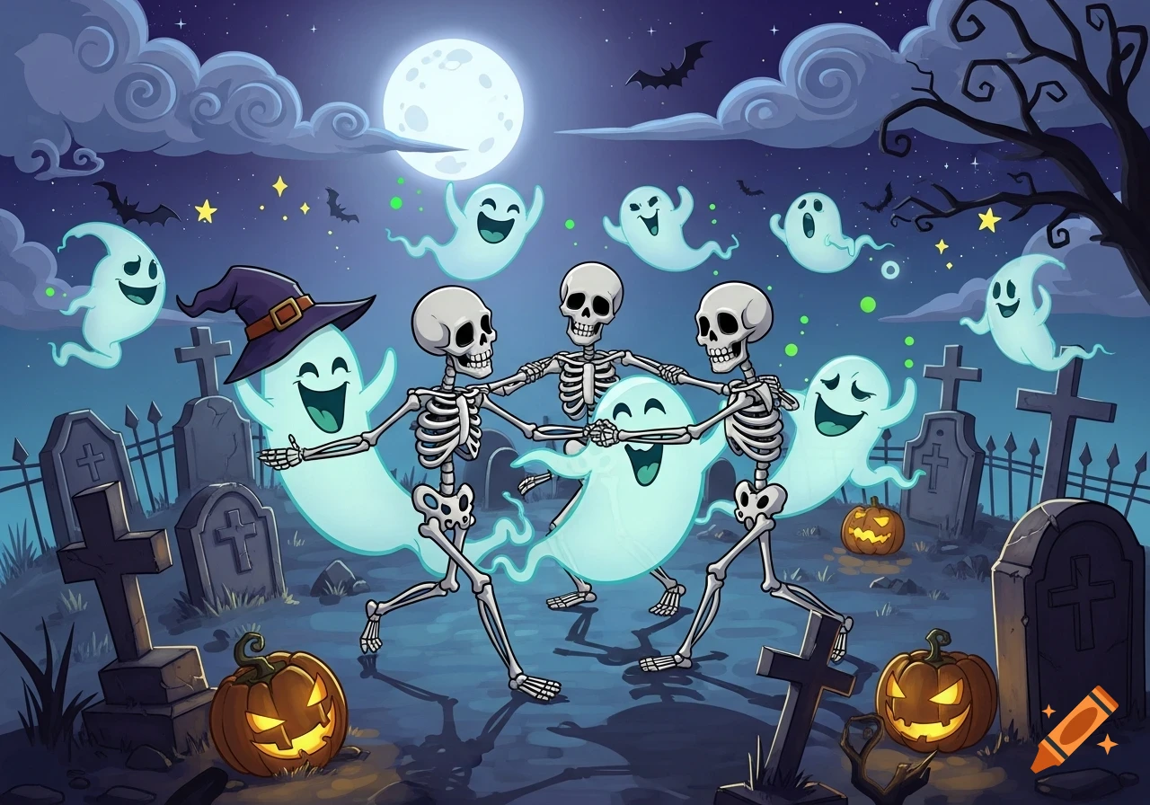 Cartoony skeletons and ghosts dance in a graveyard under a full moon, with pumpkins and bats, in a light-hearted Halloween scene.