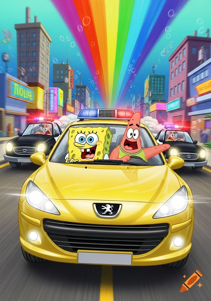 SpongeBob and Patrick in a yellow Peugeot, chased by police cars in a vibrant, cartoon city with a rainbow in the sky.