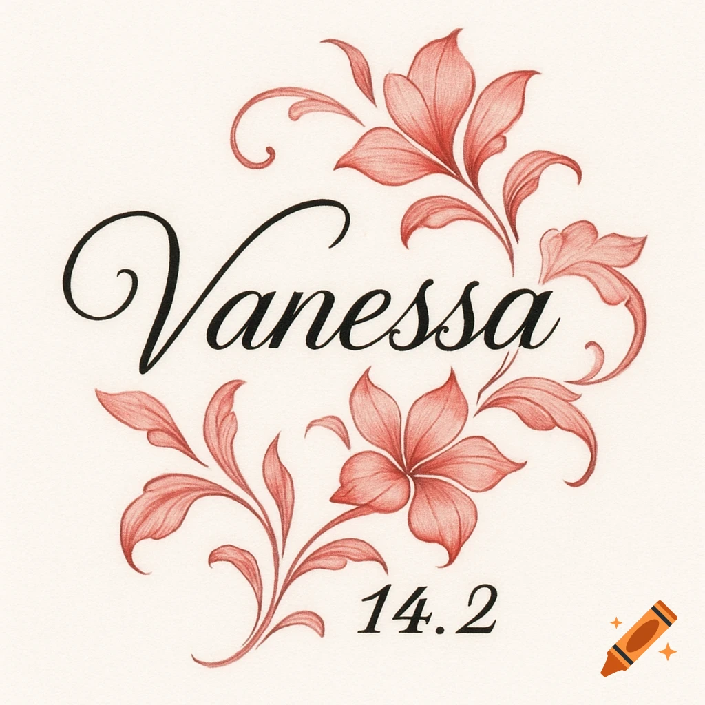 Elegant black script 'Vanessa' surrounded by stylized red floral illustrations, with '14.2' below.