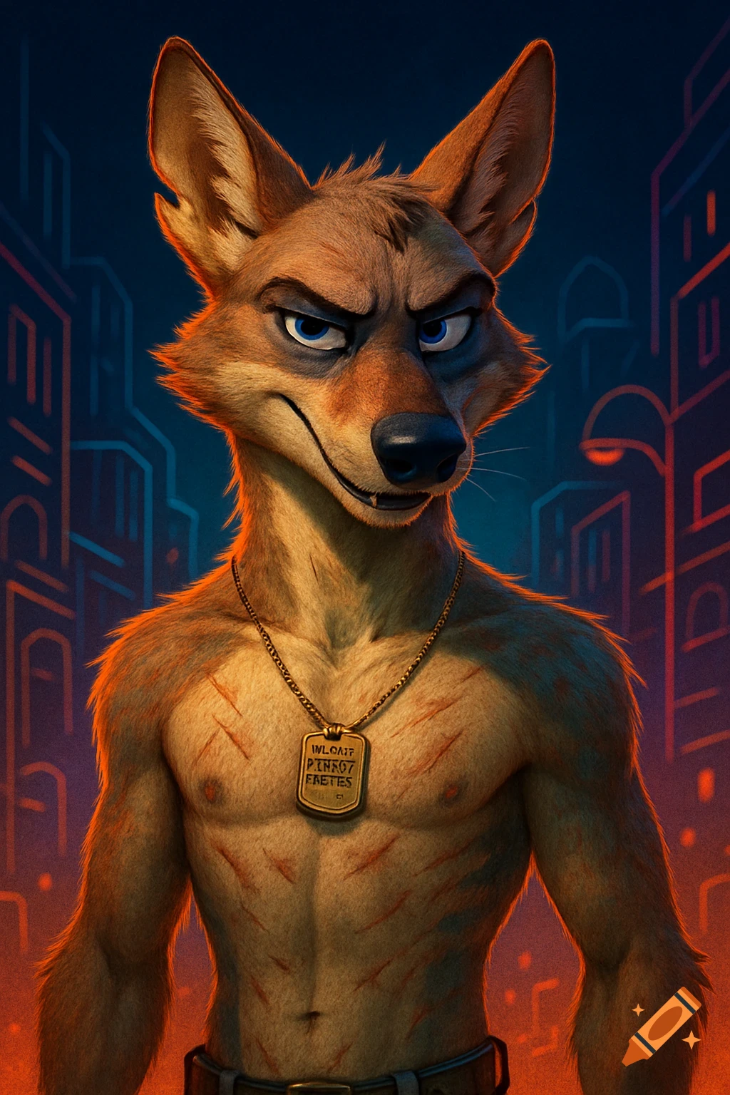 A muscular, stern-looking anthropomorphic coyote with scars on his chest wears a dog tag against a neon city background.