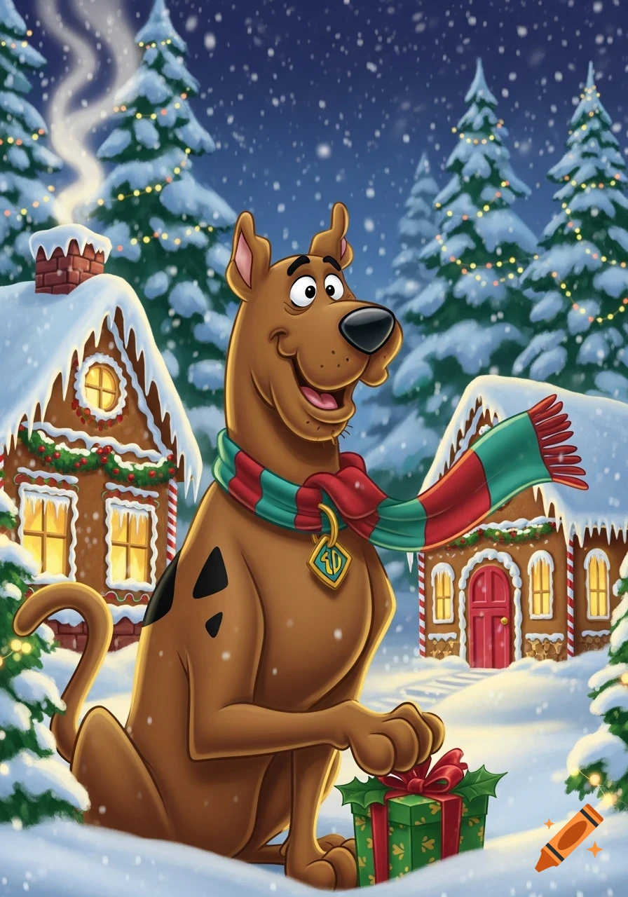 Scooby Doo sits in a snowy Christmas scene, wearing a red and green scarf, with gingerbread houses and pine trees in the background.