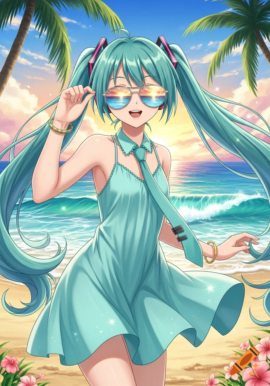 Hatsune Miku in sunglasses and a light blue dress stands on a sunny beach with palm trees and ocean waves, anime style.