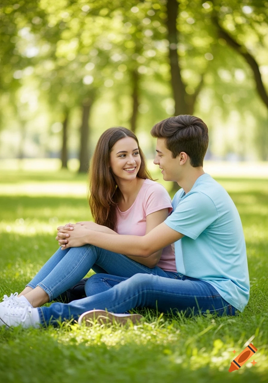 Two smiling teenagers sit close together on the grass in a sunny park.