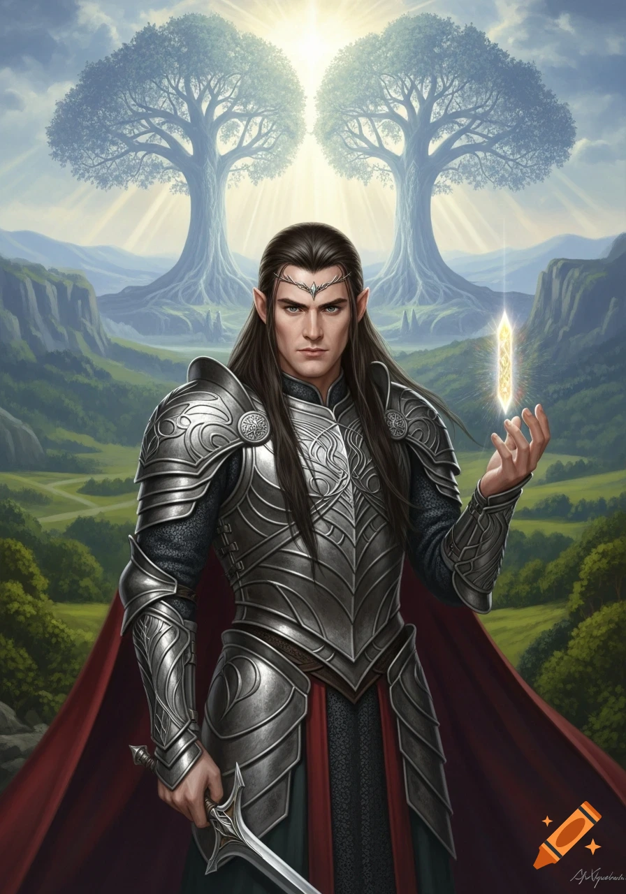 A proud elf warrior in silver armor and red cape holds a sword and a glowing gold crystal in a fantasy valley with ancient trees and sunlight.