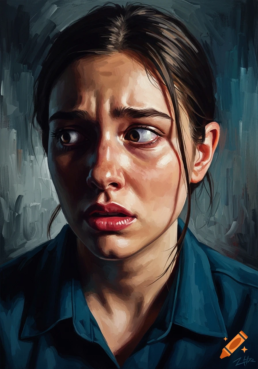 Acrylic painting of a young woman with wide, anxious eyes and parted lips, looking away, against a moody background.