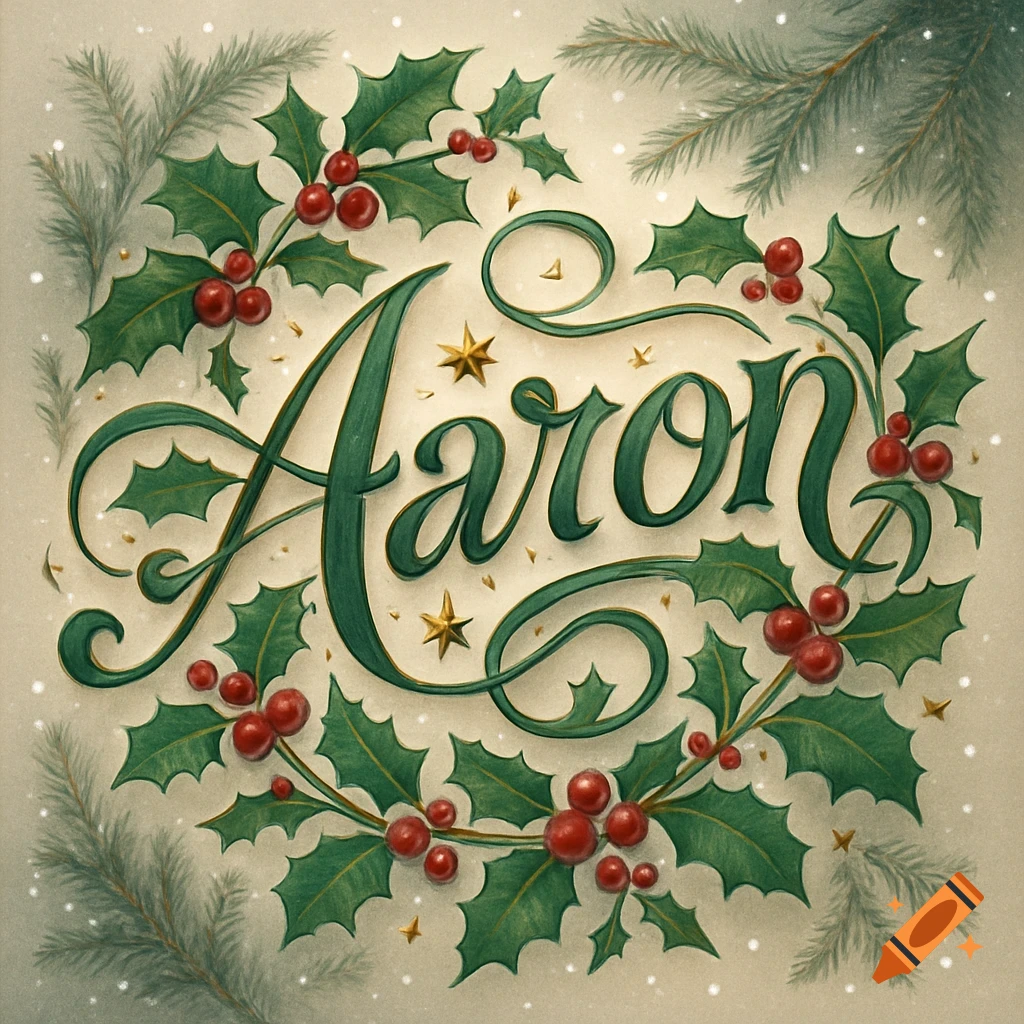 Decorative calligraphic lettering of 'Aaron' surrounded by a festive Christmas wreath of holly, red berries, pine branches, and golden stars.