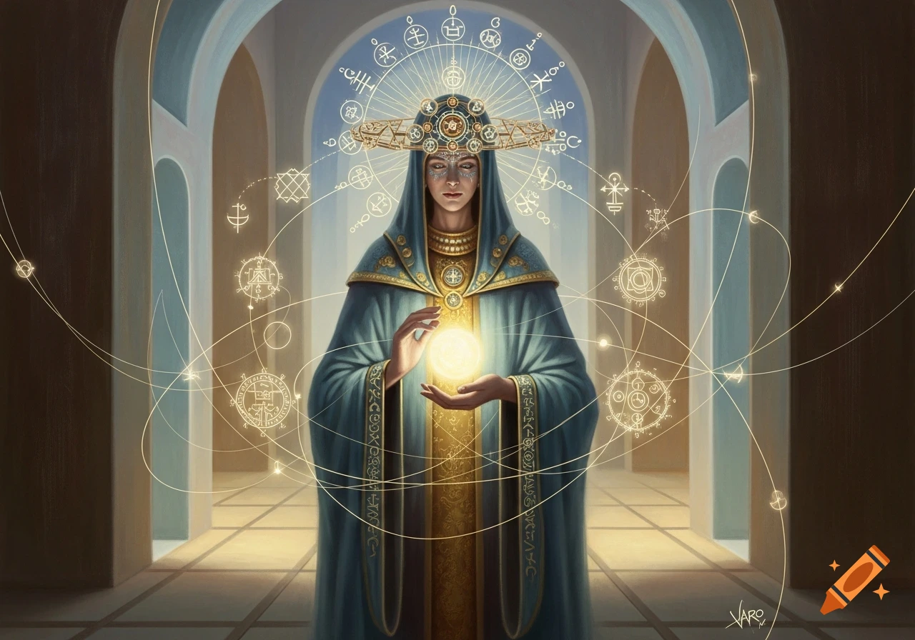 A high priestess in a blue and gold robe holds a glowing orb, surrounded by intricate golden magical symbols and lines in an arched hallway.