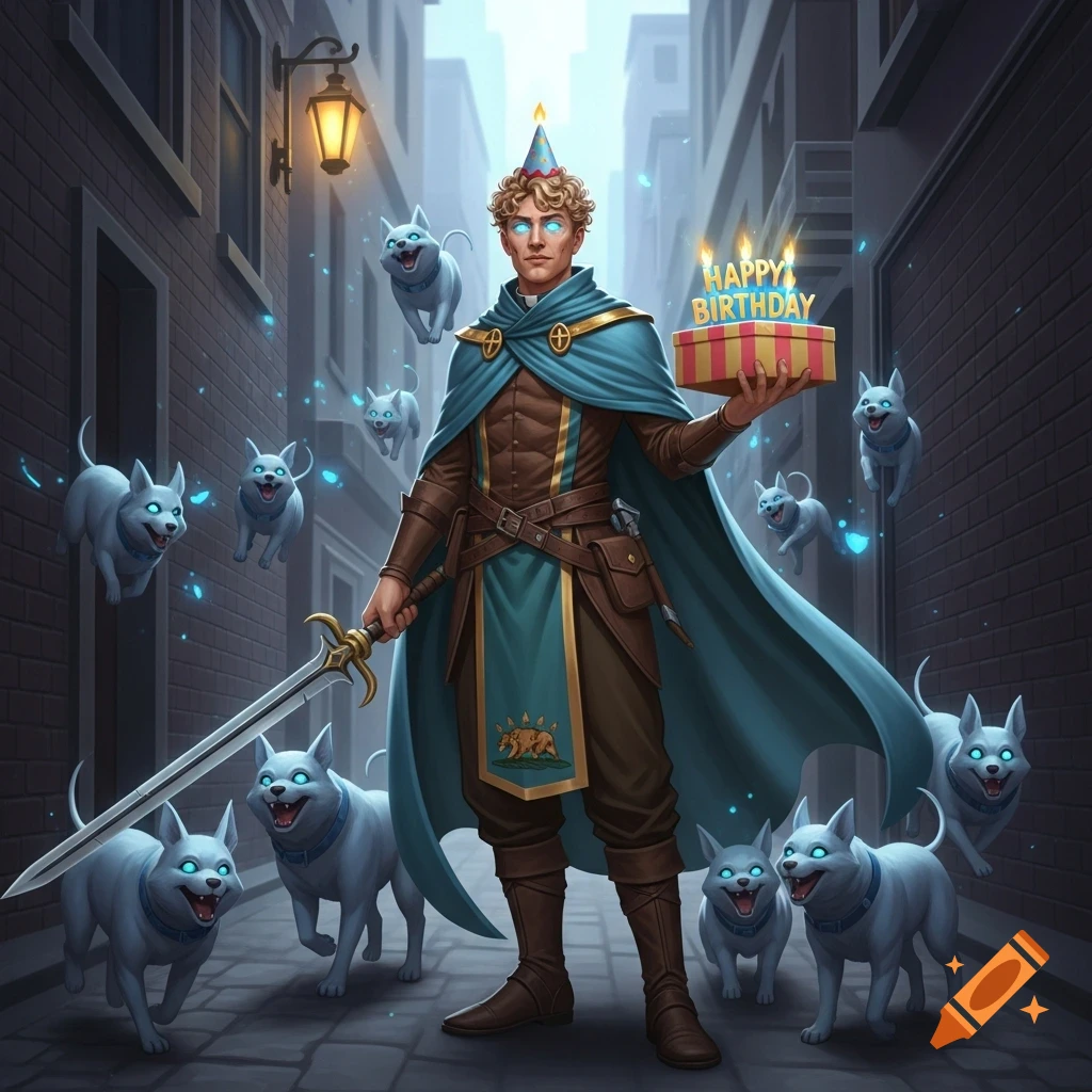 A fantasy character in a blue cape, brown armor, and birthday hat holds a 'HAPPY BIRTHDAY' cake and a sword, surrounded by glowing-eyed dogs in an alley.