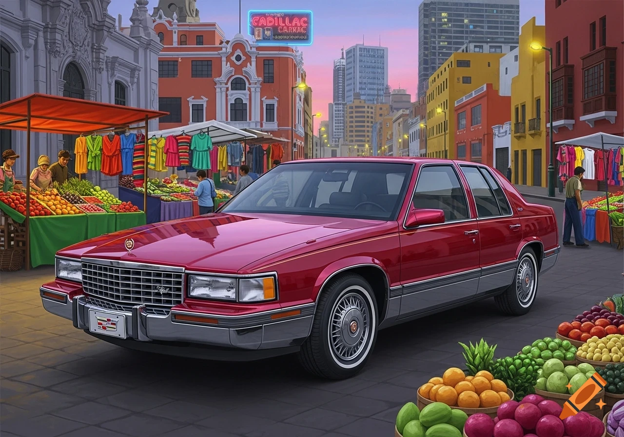 A stylized illustration of a red 1990s Cadillac sedan parked on a city street next to bustling market stalls with produce and clothing, under a pink sky.