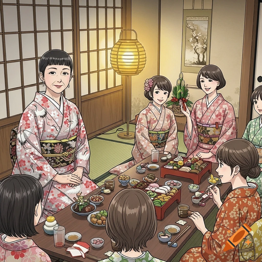 Manga-style illustration of several joyful Japanese women in kimonos celebrating New Year around a low table in a traditional house.